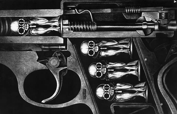 H. R. Giger, monochrome, artwork, dark, bullet
