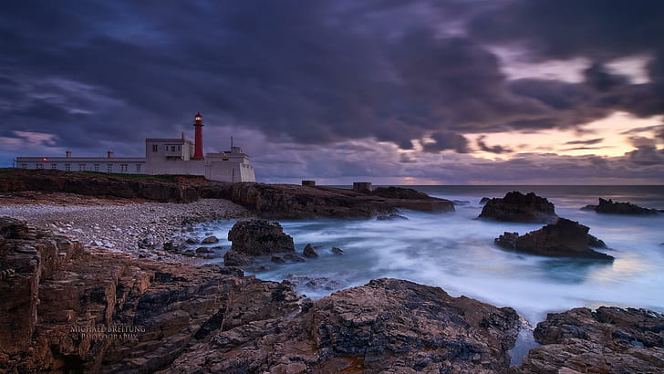 Wonderful Lighthouse On A Portuguese Coast, sundown, rocs, clouds