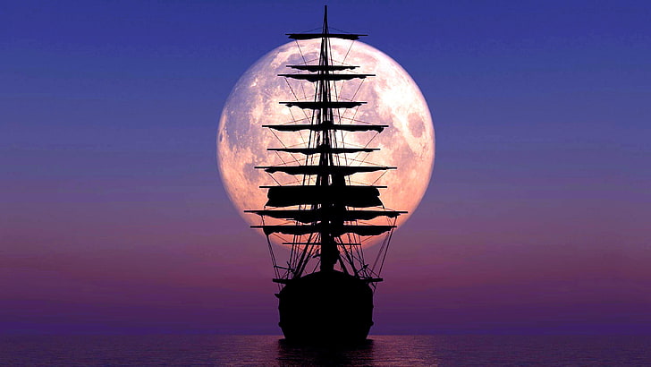 calm, sea, sky, sailing ship, full moon, water, silhouette, HD wallpaper