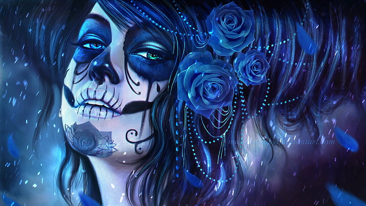 Artistic, Sugar Skull, Blue, Day of the Dead, Girl, Makeup, HD wallpaper