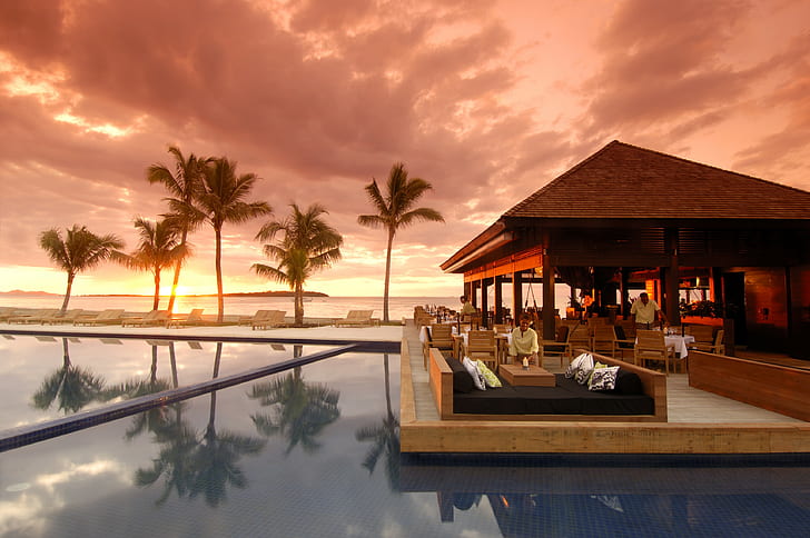 palm trees, swimming pool, resort, sunset, restaurant, sea, HD wallpaper