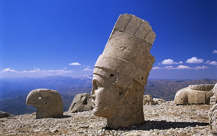 gray concrete headbust statue, nemrut mountain, Turkey, sky, scenics - nature