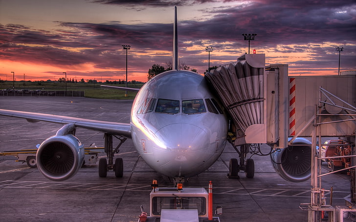 gray airplane, aircraft, aviation, sky, sunset, commercial Airplane