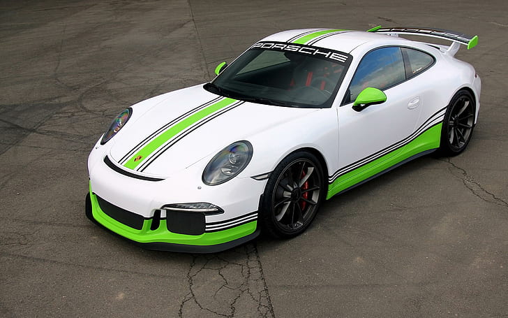 2014 fostla de Porsche 991 GT3, white and green coupe, cars, HD wallpaper