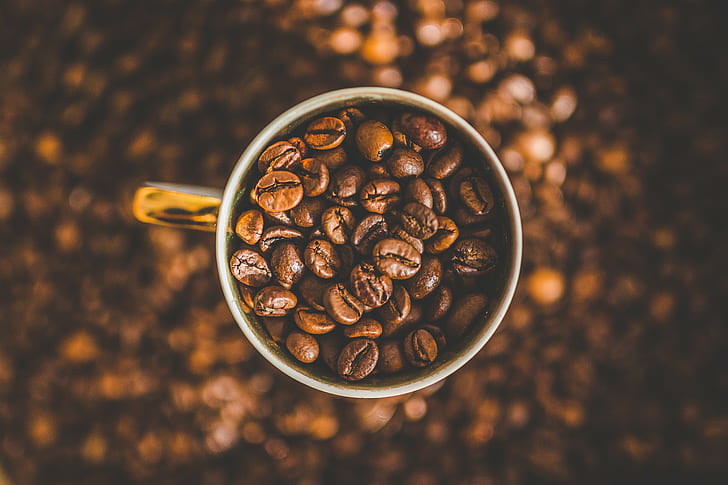 depth of field, coffee beans, mugs, HD wallpaper