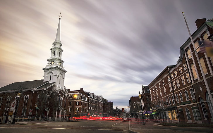 white and black tower, church, street, long exposure, city, New Hampshire
