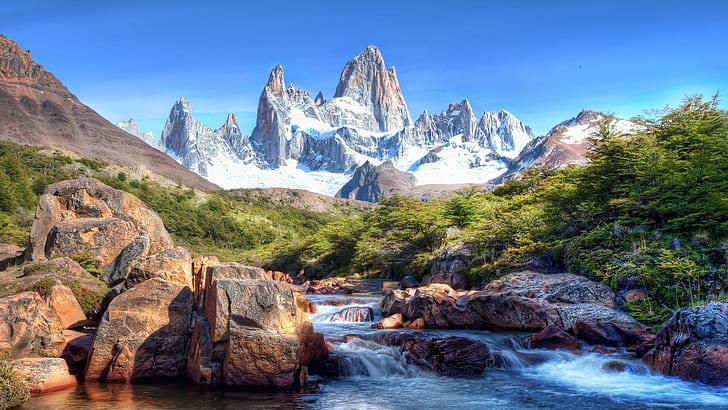nature, HDR, landscape, river, Fitz Roy, Argentina, Chile, mountains, HD wallpaper
