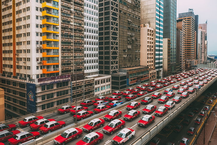 red and white concrete building, taxi, Hong Kong, city, cityscape, HD wallpaper