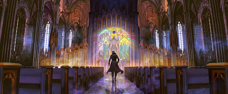 artwork, fantasy art, cathedral, bench, stained glass, interior