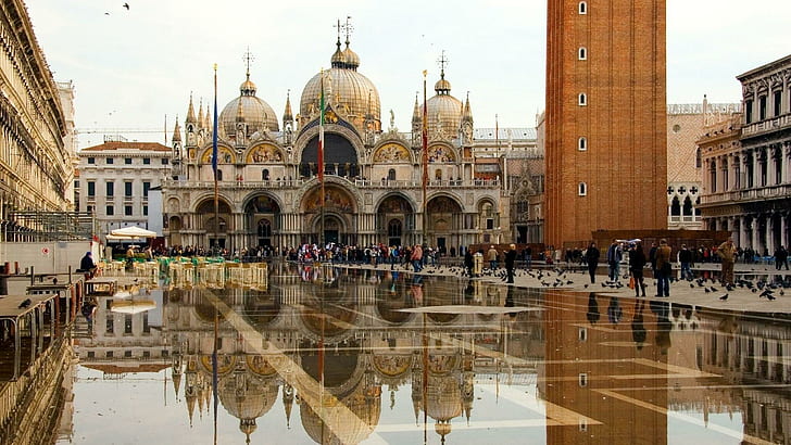 Flooded Piazza San Marco In Venice, piaza san marco, cathedral, HD wallpaper