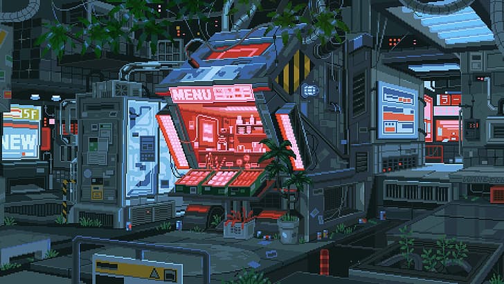 waneella, pixel art, cyberpunk, city, plants, lights