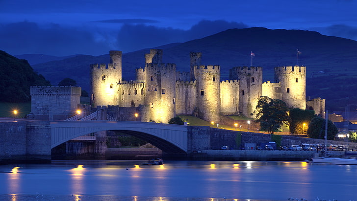 mountains, night, bridge, lights, river, castle, England, fortress, HD wallpaper