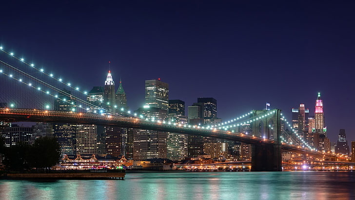 Manhattan Bridge, New York, night, built structure, architecture, HD wallpaper