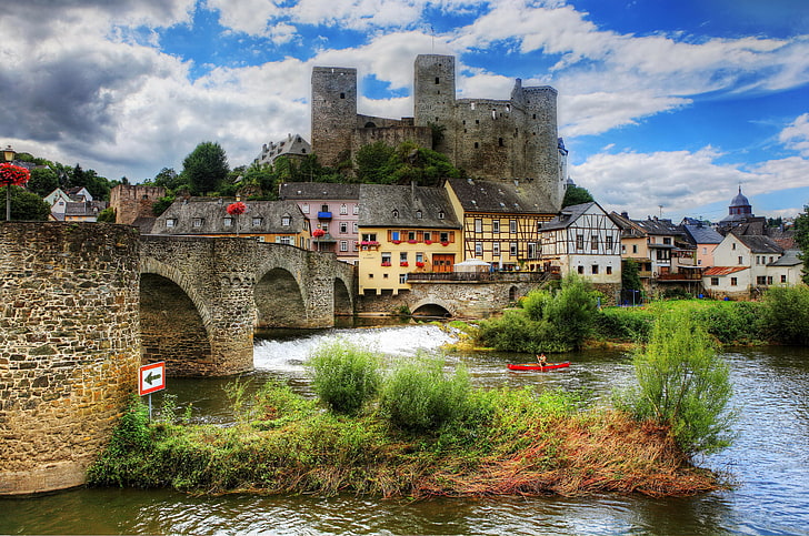 Runkel Castle, Germany, river, hdr, fort, medieval, architecture, HD wallpaper