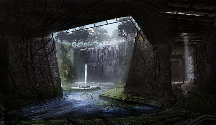 waterfalls digital artwork, apocalyptic, futuristic, no people