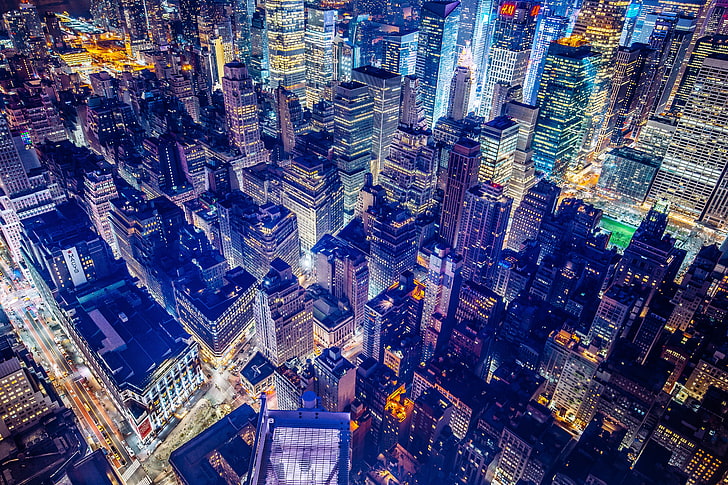 aerial photography of buildings, city, lights, night, Broadway