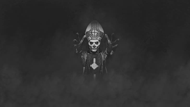 Ghost B.C., Papa Emeritus, skull, music, Gothic, smoke background, HD wallpaper