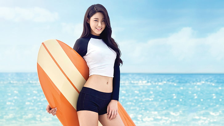 brown and beige surfboard, K-pop, Seolhyun, AOA, crop top, surfboards