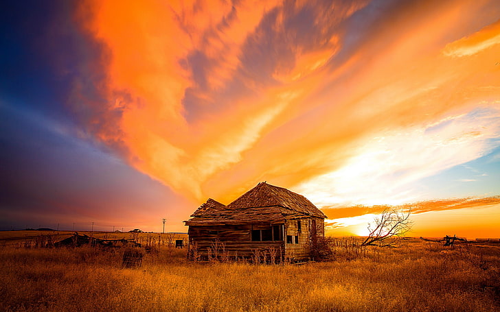 campo, casa, naturaleza, paisaje, puesta, sol, sky, sunset, HD wallpaper