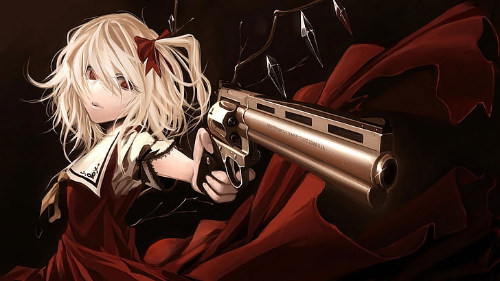 woman holding pistol wallpaper, anime girls, gun, Touhou, Flandre Scarlet, HD wallpaper