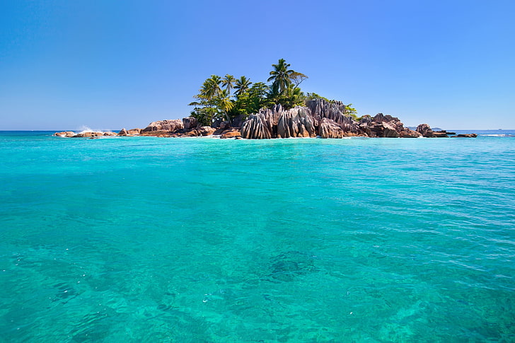 brown island, seychelles, tropical, sea, palm trees, stones, nature, HD wallpaper