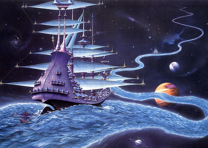 purple ship wallpaper, river, planet, stars, worlds, Rodney Matthews, HD wallpaper