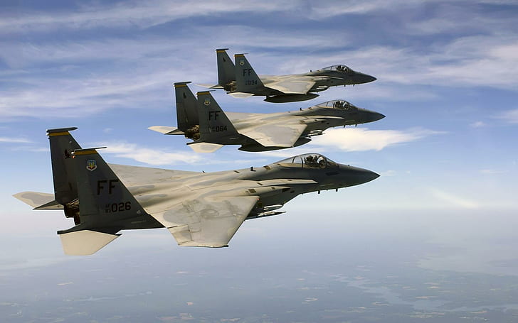 F 15 Eagle's Over Atlantic Ocean, 3 gray jet planes, HD wallpaper