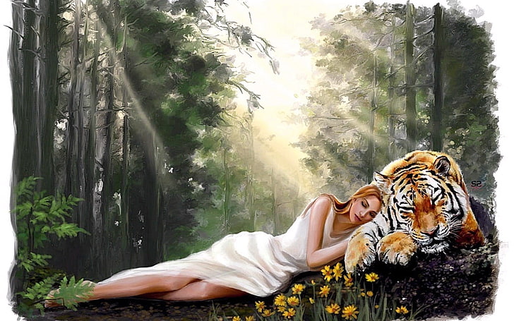fantasy art, tiger, closed eyes, dress, women, fantasy girl