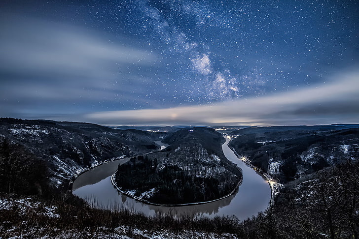 Horseshoe bend, winter, stars, night, river, earth, Germany, the milky way, HD wallpaper
