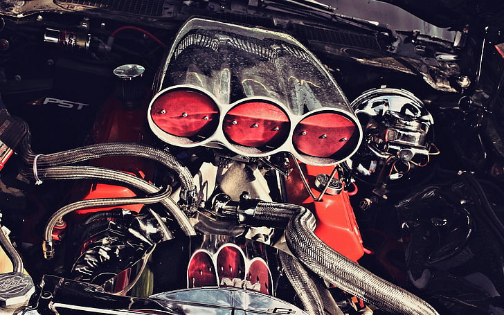 red vehicle engine bay, car, mode of transportation, no people