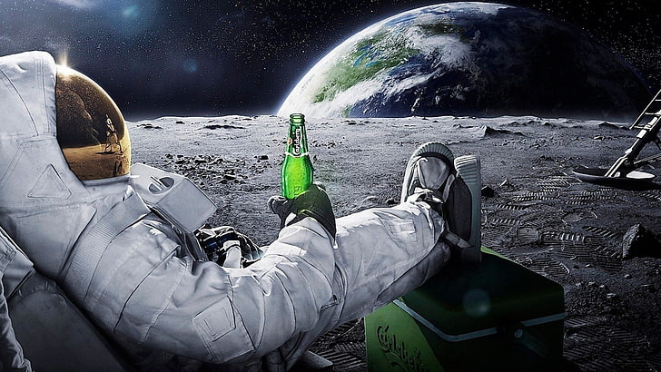 white astronaut suit, space, beer, Moon, Earth, advertisements