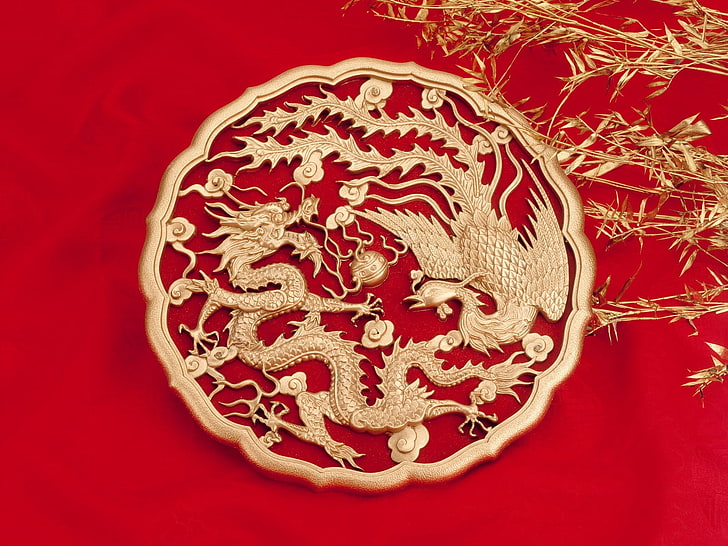 HD wallpaper: gold-colored medallion with dragon and phoenix insignias,  esigns | Wallpaper Flare