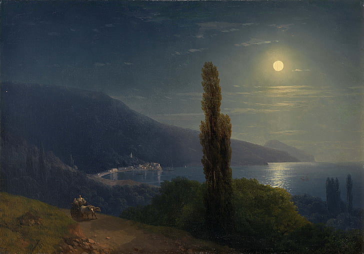 aivazovsky, art, coast, crimea, ivan, moon, moonlit, night, HD wallpaper