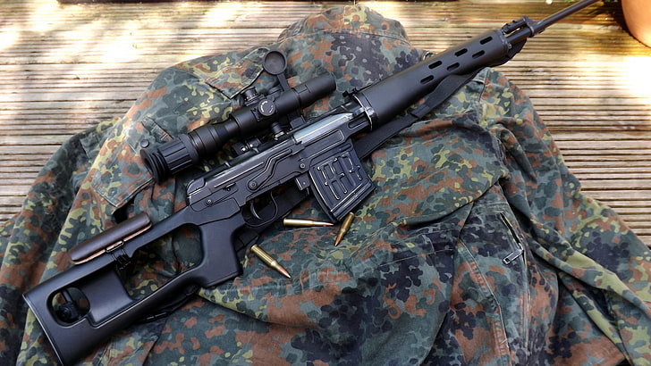 black sniper rifle, jacket, camouflage, sight, Dragunov, army