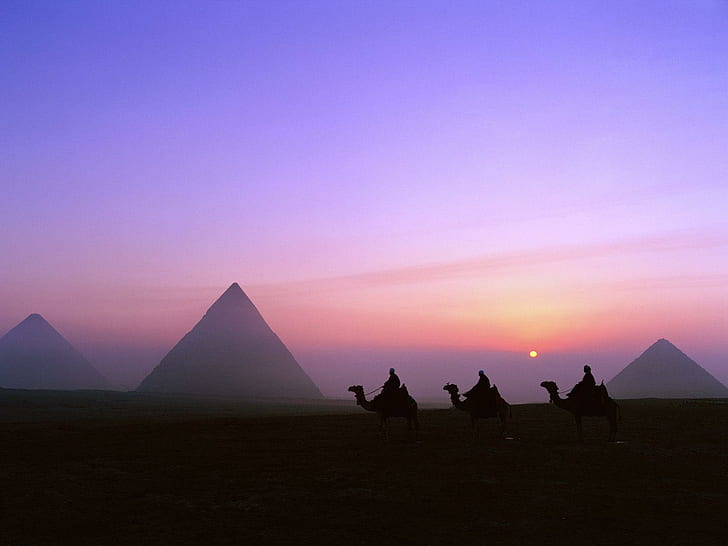 Egypt Pyramids Camels Silhouette Sunset HD, nature