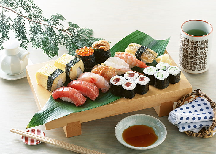 sushi food, rolls, seafood, plate, japanese food, maki Sushi, HD wallpaper