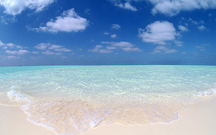 Beach, Nature, Water, Blue Sky, Clean, waves of large body of water under blue sky and white clouds