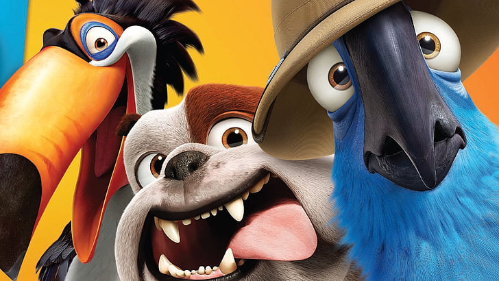 Rio 2 (2014), poster, movie, pasare, caine, parrot, macaw, hat, HD wallpaper