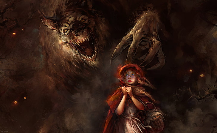little red riding hood art, werewolves, wolf, evil, spooky, celebration, HD wallpaper