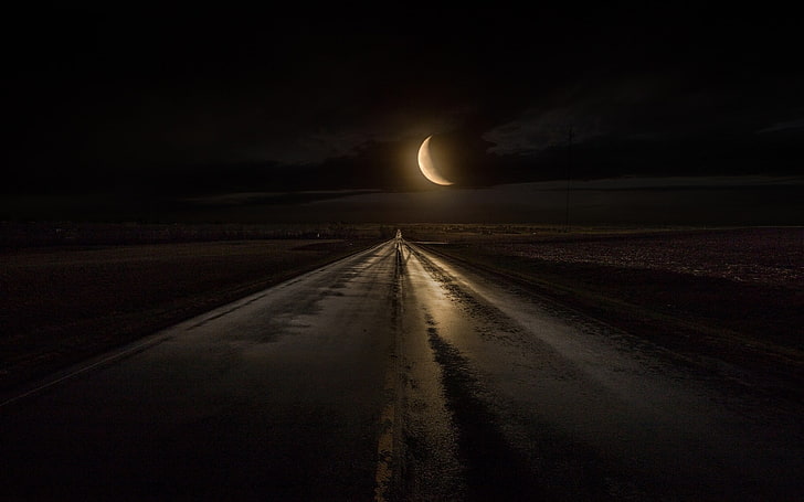 half moon, nature, landscape, rain, highway, road, Iowa, midnight, HD wallpaper