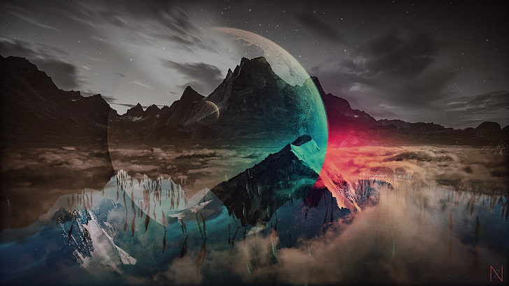 glacier mountain with fogs digital wallpaper, artwork, Moon, planet