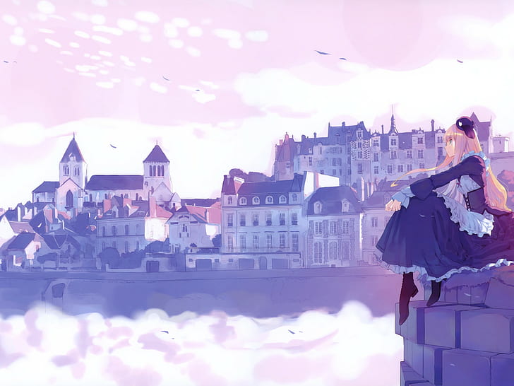 clouds, anime girls, sea, sky, HD wallpaper
