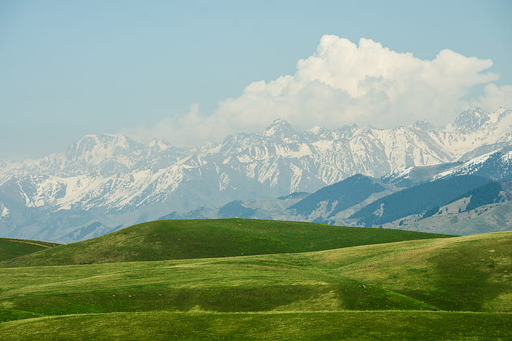 Kazakhstan, mountains, grass, snow, field, plains, green, nature, HD wallpaper