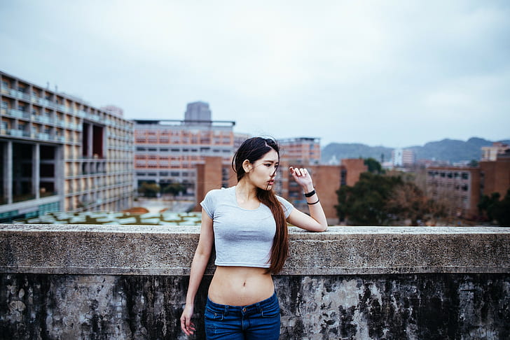 Asian, belly, crop top, bare midriff, jeans