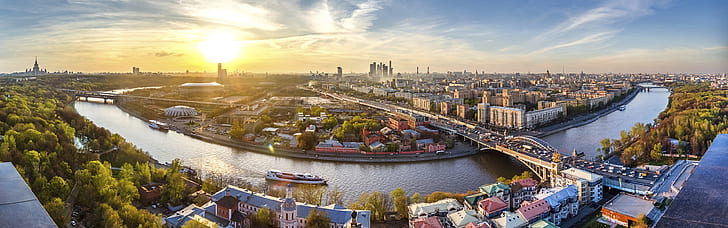 Downtown Moscow, sunset, river, bridge, buildings, Russia, HD wallpaper