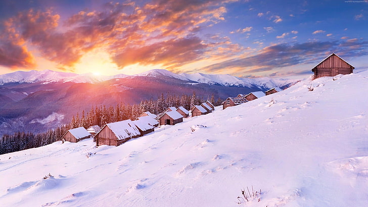 snowy, town, sunset, snowcapped, house, log cabin, slope, sky, HD wallpaper