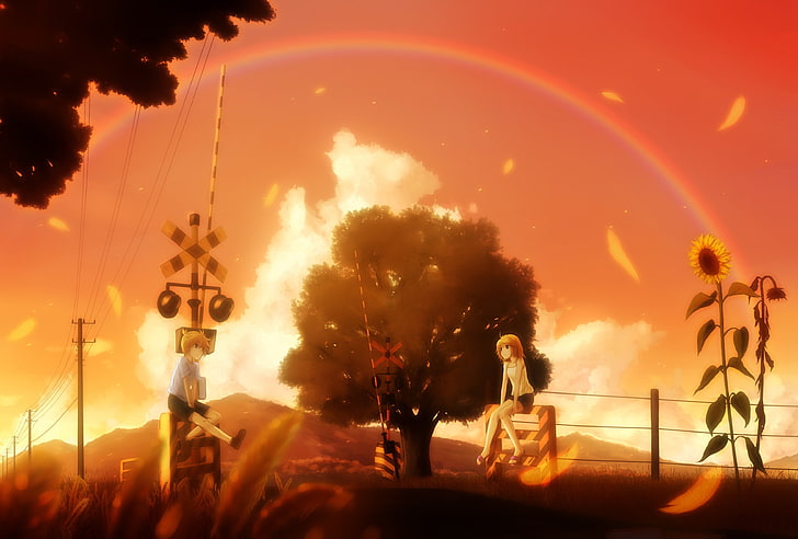 anime, artwork, anime girls, sunflowers, sunset, sky, nature, HD wallpaper