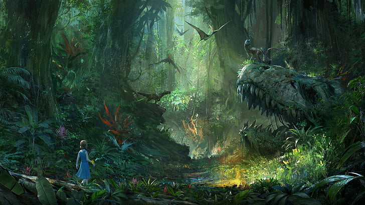 girl with blue dress walks in forest with dinosaurs digital wallpaper