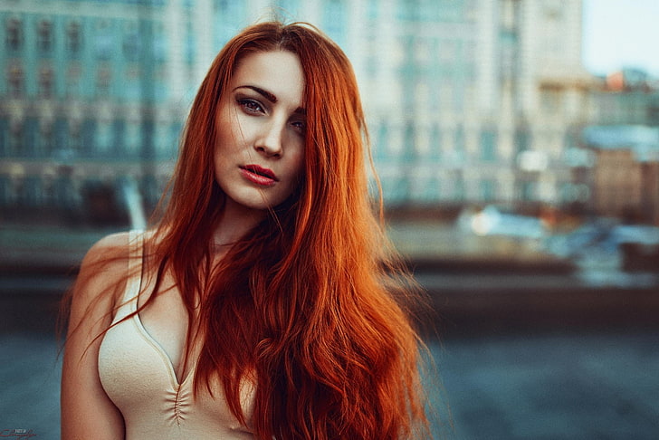 women, redhead, women outdoors, long hair, depth of field, Georgy Chernyadyev