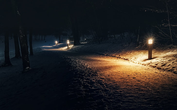 three street lights, dark, winter, snow, illuminated, night, cold temperature, HD wallpaper